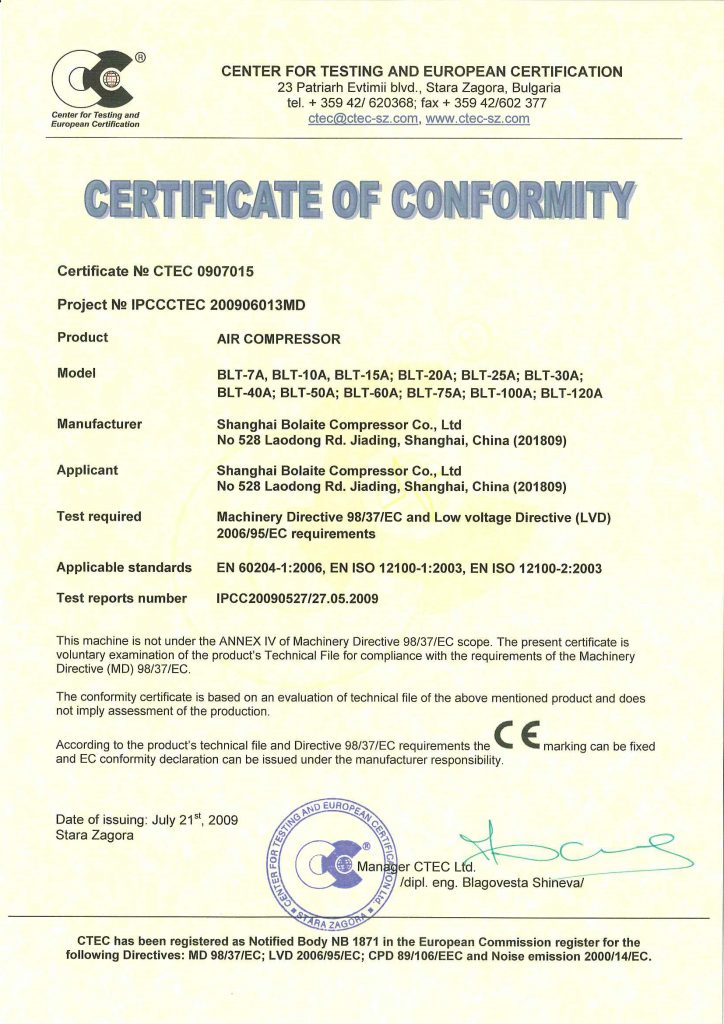 Bolaite Compressor CE Certificate